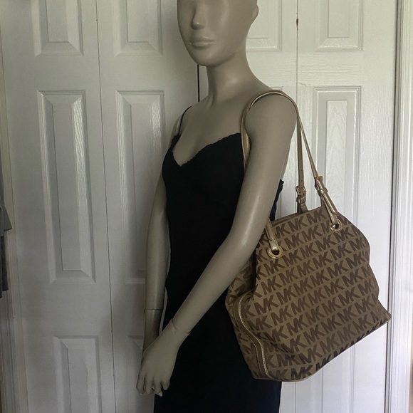 Michael Kors Brown and Gold Tote Bag with Signature MK Design - Picture 3 of 16